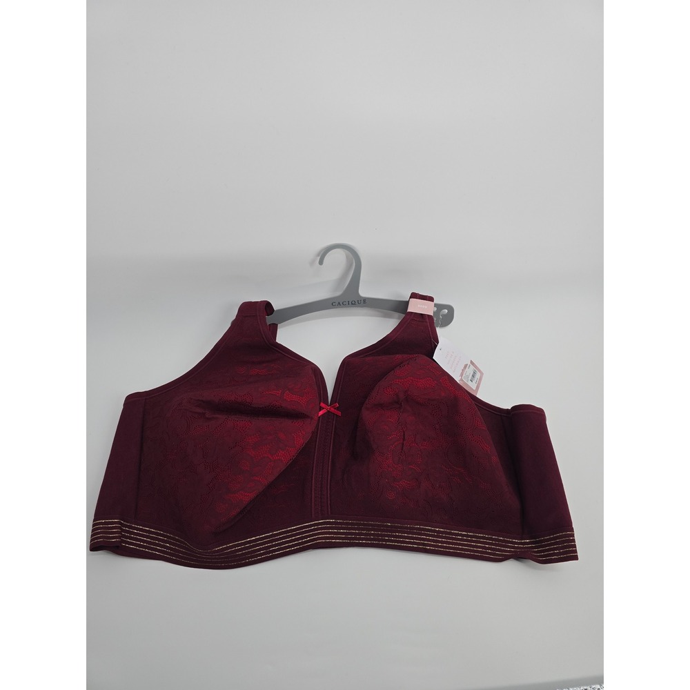Cacique‎ Lightly Lined No-Wire Bra 50DD Burgundy Lace Metallic Band 1122696 NEW